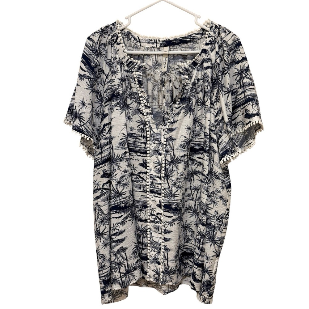 Navy/Cream Tropical Island Palm‎ Print Tunic Top Size 1 (14-16)  REDUCED